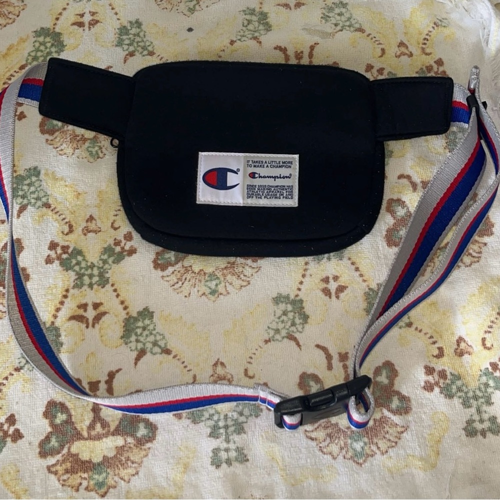 Champion Black Waist Bag with Red and Blue Strap